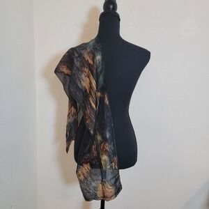 Dan Dee Silk Scarf Hand Painted 9x52 Abstract Swirl Gray Brown Blue Gold